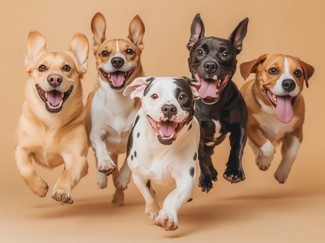 Five happy dogs running together